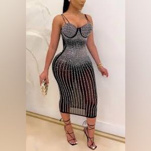 Studded Double Spaghetti Strap Bodycon Midi Dress